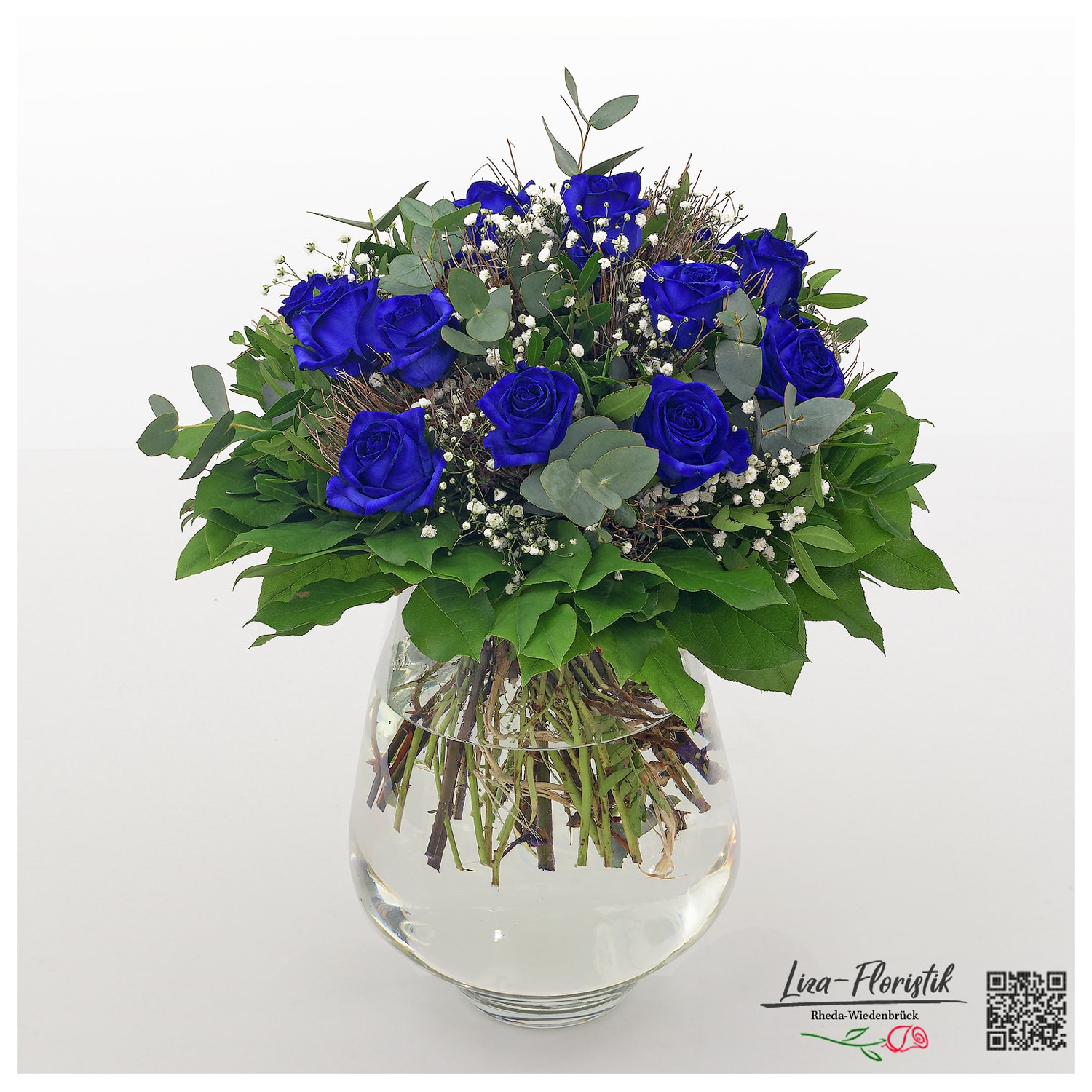 Bouquet with blue roses, eucalyptus and gypsophila