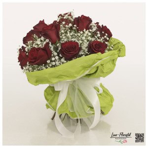 Birthday bouquet with red roses "Explorer" and white gypsophila