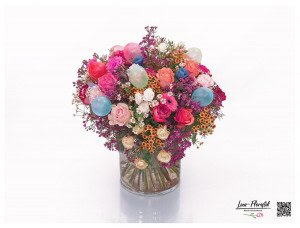 Large birthday bouquet with various roses, santini, anemone, chamomile, gerbera, wax flowers, carnations,