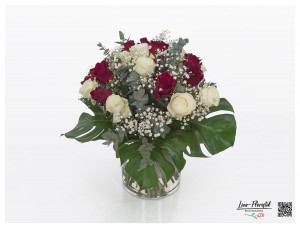 Large bouquet of flowers with red and white roses, gypsophila and eucalyptus