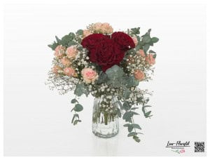 Red roses "Hearts". Polyantharoses, eucalyptus and gypsophila