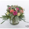 Bouquet with colorful Ecuador roses, gypsophila, eucalyptus and lisianthus
