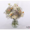 Flower bouquet with lisianthus, chamomile, craspedia and gypsophila