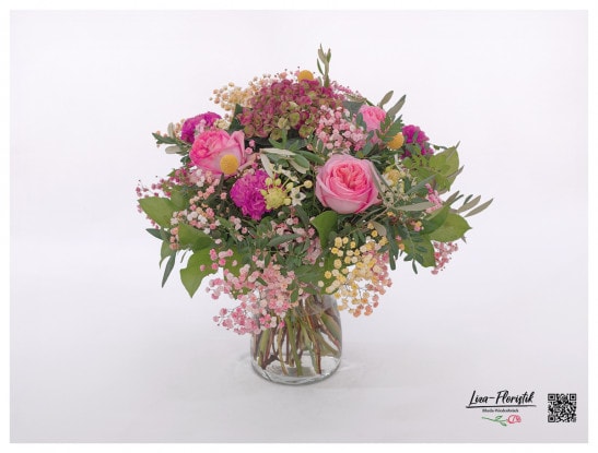 Bouquet with colorful gypsophila, French hydrangea, craspedia, carnations and ornithogalum