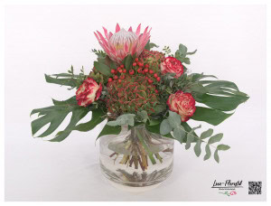 Bouquet with King Protea, Roses Apple Jack, French Hydrangeas, Eucalyptus and Rose Hips