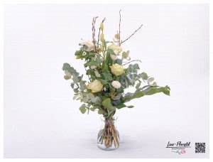 Bouquet with pussy willow, roses, chrysanthemums, leucodendron, lilies and eucalyptus