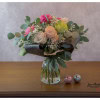 Bouquet of roses for a birthday with eucalyptus, black tie and gypsophila