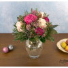 Bouquet with hyacinths, ranunculus, roses, statizes and wax flowers