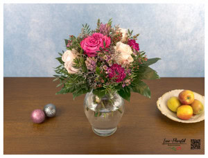 Bouquet with hyacinths, ranunculus, roses, statizes and wax flowers