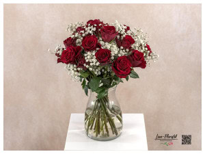Classic bouquet with red Ecuador roses Explorer and white gypsophila