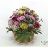 Flower basket with roses, hydrangeas, gypsophila, thistles, chrysanthemums and carnations