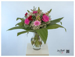 Bouquet with gerbera, roses, olive, gypsophila and snapdragons