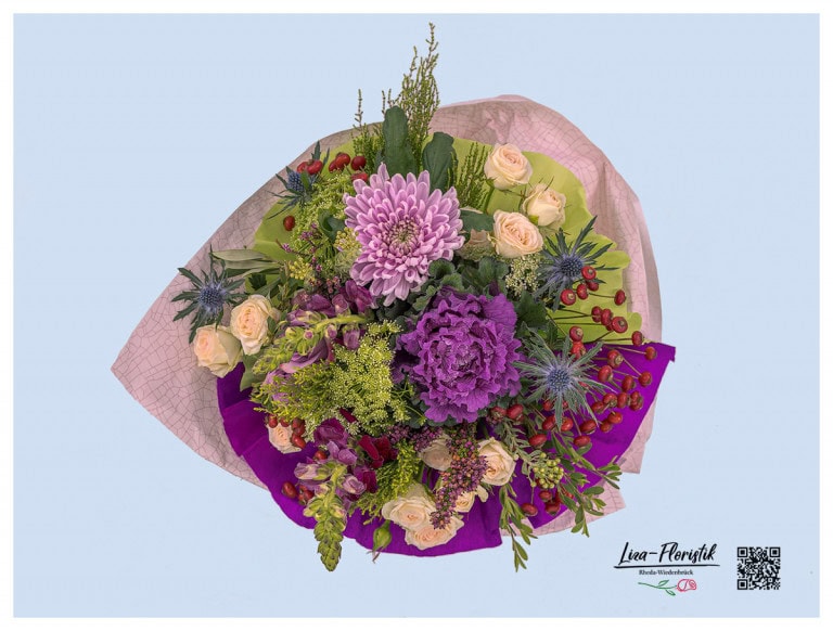 Bouquet of flowers for your birthday, polyantha roses, thistles, snapdragons, rose hips, ornamental cabbage and chrysanthemums for your birthday