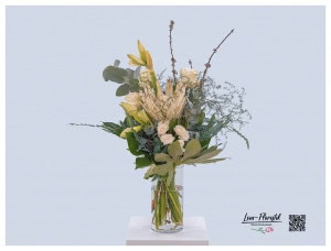 Condolence bouquet with protea, roses, polyantharoses, amaryllis and eucalyptus