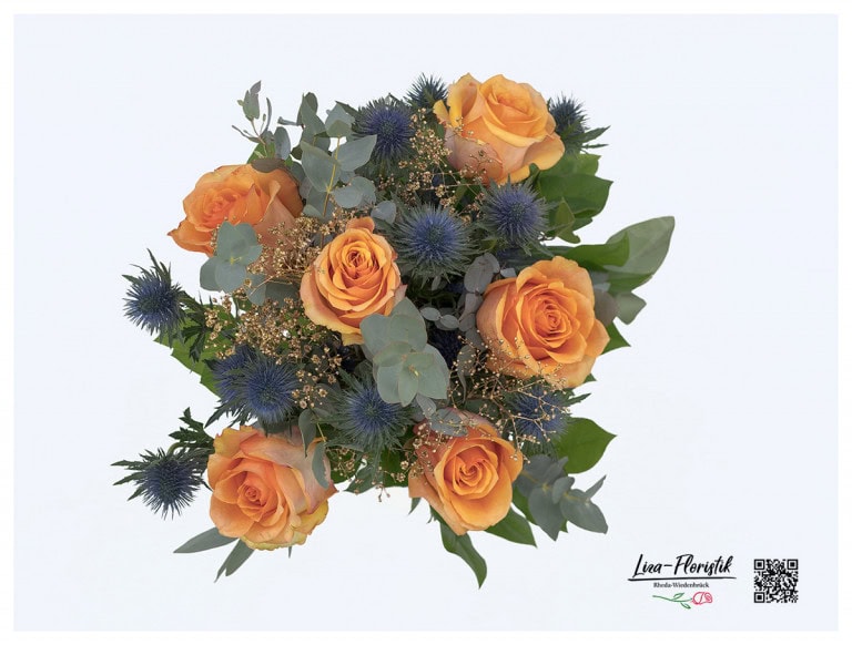 Thistles, orange roses and eucalyptus in detail