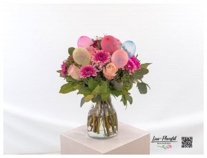 Birthday bouquet with gerberas, roses and gypsophila