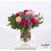 Bouquet with roses in red and salmon colors, eucalyptus, pink gypsophila