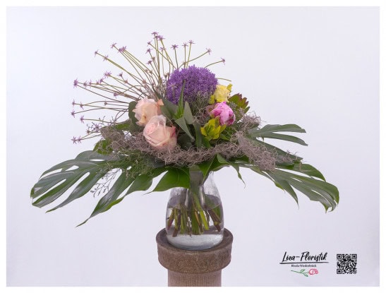 Bouquet with peonies, allium, roses, lisianthus, leucodendron, aloe vera, tillandsia and moss