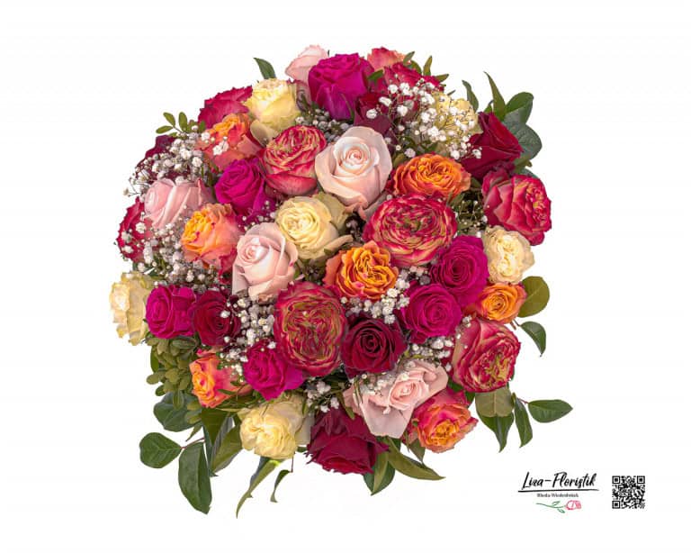 This luxurious bouquet of Ecuador roses and delicate gypsophila impresses from every perspective with its colorful variety and elegant arrangement.