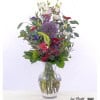 Bouquet with Celosia, Red Gerbera, Red Ecuador Rose, Ornithogalum, Statice, Green Beard, Clematis, Allium, Eucalyptus and White Lisianthus