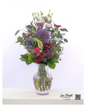 Bouquet with Celosia, Red Gerbera, Red Ecuador Rose, Ornithogalum, Statice, Green Beard, Clematis, Allium, Eucalyptus and White Lisianthus