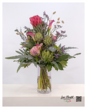 Bouquet with calla, artichokes, protea, Ecuador roses and eucalyptus