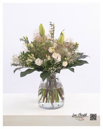 Bouquet with lilies, lisianthus, poppies, gypsophila, wigbush, hydrangea and eucalyptus