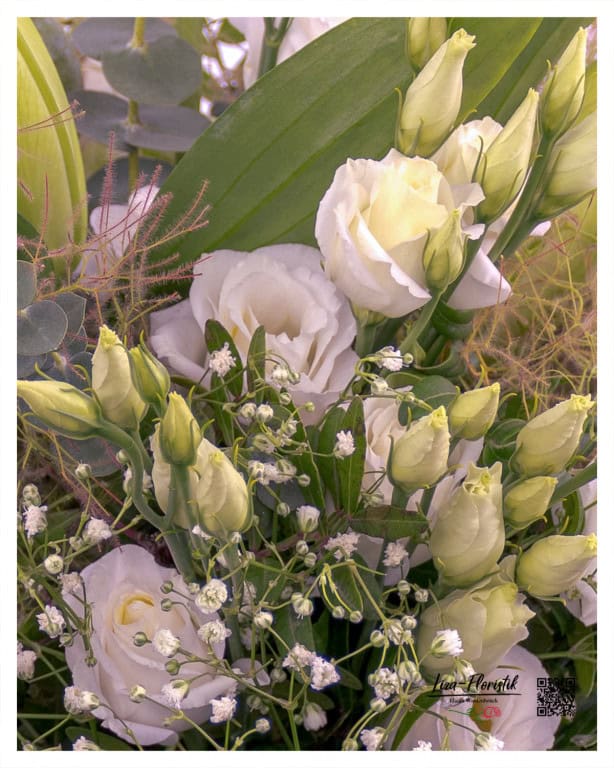 Lisianthus, gypsophila and eucalyptus in detail