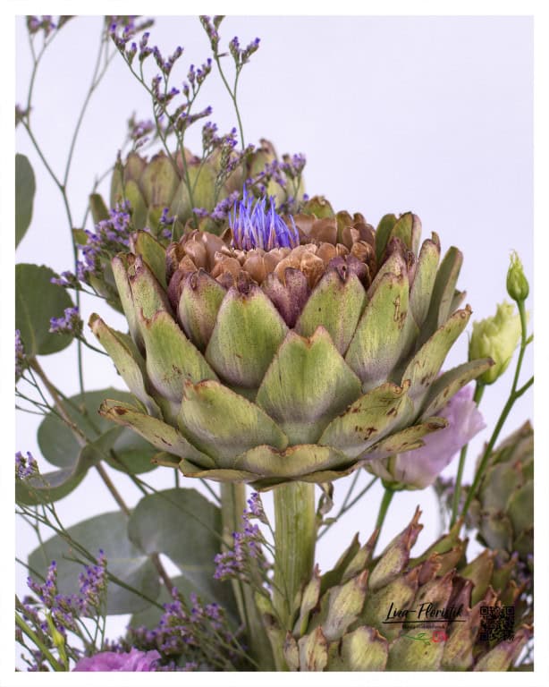 Artichoke in front of lisianthus and eucalyptus in detail