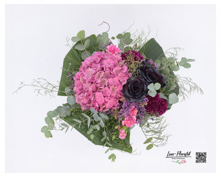 Bouquet in detail with black roses, pink hydrangea, eucalyptus, celosia, sea lavender and carnations