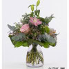 Bouquet with pink lilies, pink roses, purple sea lavender, eucalyptus, green bearded carnations and phalaris