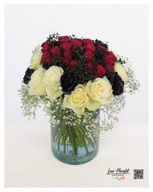 Bouquet for a 40th birthday: A magnificent arrangement of red, white and black roses, in which the number "40" is artfully designed in red flowers, framed by fine white gypsophila.
