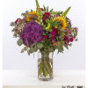 A voluminous colorful bouquet lavishly decorated with purple hydrangea, bright sunflowers, red roses, carnations, asters, snapdragons, thlaspi, eucalyptus and delicate gypsophila - a diverse composition for colorful and special moments.