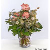 Elegant bouquet of pink roses, eucalyptus, gypsophila, phalaris and fresh monstera and salal leaves - a harmonious composition for special moments.