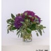 Bouquet with purple hydrangeas, red carnations and thistles, elegantly combined with fresh eucalyptus.