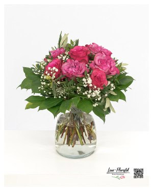 Bouquet with pink roses, gypsophila and eucalyptus