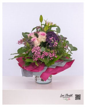 Opulent bouquet with lilies, roses, hydrangeas, eucalyptus and pink gypsophila for your birthday