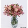 Delicate bouquet of pink roses, playful polyanthar roses and bright hypericum - a harmonious composition full of elegance.