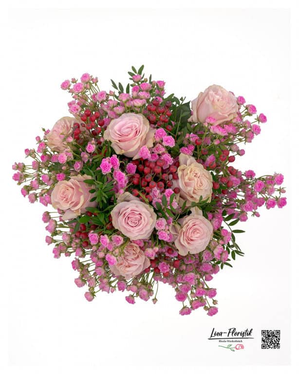 A lovingly tied bouquet of pink roses, polyanthar roses and hypericum - perfect for romantic moments.
