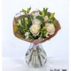 Classic bouquet with white roses, carnations, lilies and green hypericum - ideal for a wedding, birthday or as a stylish gift