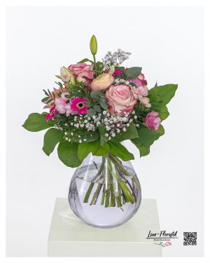 Elegant floral bouquet with roses, eustoma, carnations, perfect for weddings, birthdays and special occasions, designed by Liza-Florist.