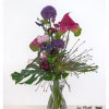 Modern bouquet with eye-catching alliums, including a star-shaped exploding Allium Schuberti flower. The arrangement is complemented by bright pink anthuriums, delicate pink peonies, deep purple clematis and small, delicate statice flowers - combined with large green areas for an expressive, sculptural look.