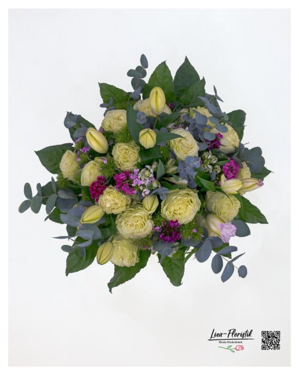 Bouquet of flowers in a round tie with high-quality Ecuador roses in delicate green, multi-opened pink lilies, purple bearded carnation and loosely incorporated eucalyptus - harmoniously composed in strong and pastel tones.