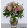 Romantic bouquet with 5 pink roses, lisianthus and gypsophila, lovingly arranged in harmonious pastel tones