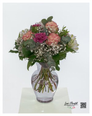 Bouquet with carnations, roses, gypsophila, alstroemeria and eucalyptus - hand-tied and freshly delivered in Gütersloh & Rheda-Wiedenbrück