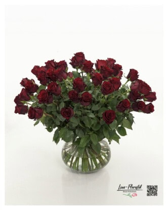Luxurious bouquet of 40 deep red premium roses, tightly tied and freshly arranged - perfect choice for special occasions and elegant greetings of love