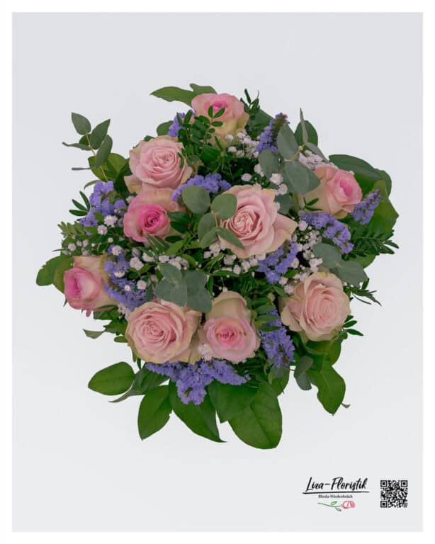 Overall view: Bouquet with statice flowers, pink roses, white gypsophila, and eucalyptus