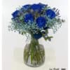 Bouquet of flowers with blue roses, forget-me-nots, turquoise baby's breath and eucalyptus