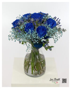 Bouquet of flowers with blue roses, forget-me-nots, turquoise baby's breath and eucalyptus