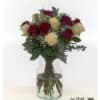 Bouquet with 15 premium roses in red and white, eucalyptus and white baby's breath